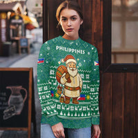 Philippines Christmas Ugly Christmas Sweater with Green Geometric Design, Santa in Barong Tagalog, and National Coat of Arms Motif - Wonder Print Shop