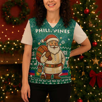 Philippines Christmas Knitted V-Neck Vest with Green Geometric Design, Santa in Barong Tagalog, and National Coat of Arms Motif - Wonder Print Shop