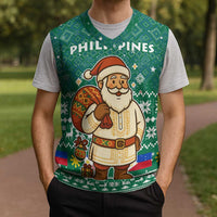 Philippines Christmas Knitted V-Neck Vest with Green Geometric Design, Santa in Barong Tagalog, and National Coat of Arms Motif - Wonder Print Shop