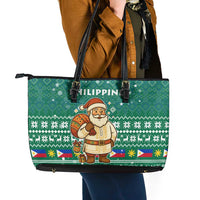 Philippines Christmas Leather Tote Bag with Green Geometric Design, Santa in Barong Tagalog, and National Coat of Arms Motif - Wonder Print Shop