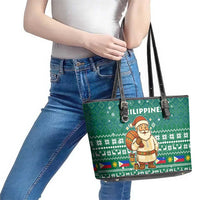 Philippines Christmas Leather Tote Bag with Green Geometric Design, Santa in Barong Tagalog, and National Coat of Arms Motif - Wonder Print Shop