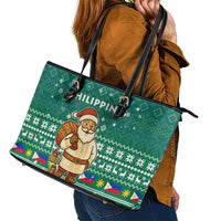 Philippines Christmas Leather Tote Bag with Green Geometric Design, Santa in Barong Tagalog, and National Coat of Arms Motif - Wonder Print Shop