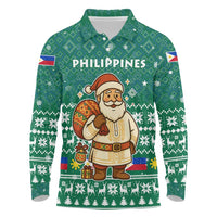 Philippines Christmas Long Sleeve Polo Shirt with Green Geometric Design, Santa in Barong Tagalog, and National Coat of Arms Motif - Wonder Print Shop