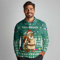 Philippines Christmas Long Sleeve Polo Shirt with Green Geometric Design, Santa in Barong Tagalog, and National Coat of Arms Motif - Wonder Print Shop