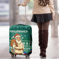 Philippines Christmas Luggage Cover with Green Geometric Design, Santa in Barong Tagalog, and National Coat of Arms Motif - Wonder Print Shop