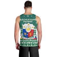 Philippines Christmas Men Tank Top with Green Geometric Design, Santa in Barong Tagalog, and National Coat of Arms Motif - Wonder Print Shop