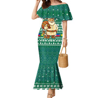 Philippines Christmas Mermaid Dress with Green Geometric Design, Santa in Barong Tagalog, and National Coat of Arms Motif - Wonder Print Shop