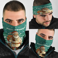 Philippines Christmas Neck Gaiter with Green Geometric Design, Santa in Barong Tagalog, and National Coat of Arms Motif - Wonder Print Shop