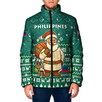 Philippines Christmas Padded Jacket with Green Geometric Design, Santa in Barong Tagalog, and National Coat of Arms Motif - Wonder Print Shop
