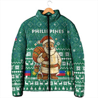 Philippines Christmas Padded Jacket with Green Geometric Design, Santa in Barong Tagalog, and National Coat of Arms Motif - Wonder Print Shop