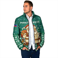 Philippines Christmas Padded Jacket with Green Geometric Design, Santa in Barong Tagalog, and National Coat of Arms Motif - Wonder Print Shop