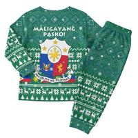 Philippines Christmas Pajama Set with Green Geometric Design, Santa in Barong Tagalog, and National Coat of Arms Motif - Wonder Print Shop
