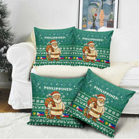 Philippines Christmas Pillow Cover with Green Geometric Design, Santa in Barong Tagalog, and National Coat of Arms Motif - Wonder Print Shop