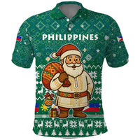 Philippines Christmas Polo Shirt with Green Geometric Design, Santa in Barong Tagalog, and National Coat of Arms Motif - Wonder Print Shop