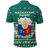 Philippines Christmas Polo Shirt with Green Geometric Design, Santa in Barong Tagalog, and National Coat of Arms Motif - Wonder Print Shop