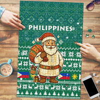 Philippines Christmas Puzzle with Green Geometric Design, Santa in Barong Tagalog, and National Coat of Arms Motif - Wonder Print Shop