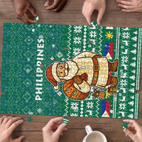 Philippines Christmas Puzzle with Green Geometric Design, Santa in Barong Tagalog, and National Coat of Arms Motif - Wonder Print Shop