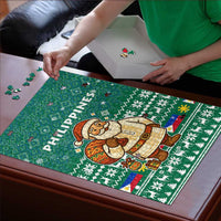 Philippines Christmas Puzzle with Green Geometric Design, Santa in Barong Tagalog, and National Coat of Arms Motif - Wonder Print Shop