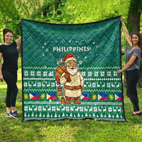 Philippines Christmas Quilt with Green Geometric Design, Santa in Barong Tagalog, and National Coat of Arms Motif - Wonder Print Shop