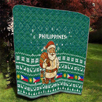 Philippines Christmas Quilt with Green Geometric Design, Santa in Barong Tagalog, and National Coat of Arms Motif - Wonder Print Shop