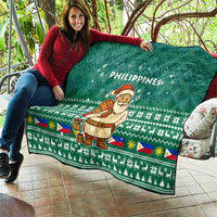Philippines Christmas Quilt with Green Geometric Design, Santa in Barong Tagalog, and National Coat of Arms Motif - Wonder Print Shop