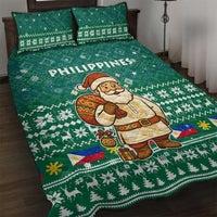 Philippines Christmas Quilt Bed Set with Green Geometric Design, Santa in Barong Tagalog, and National Coat of Arms Motif - Wonder Print Shop