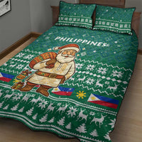 Philippines Christmas Quilt Bed Set with Green Geometric Design, Santa in Barong Tagalog, and National Coat of Arms Motif - Wonder Print Shop