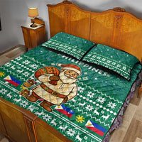 Philippines Christmas Quilt Bed Set with Green Geometric Design, Santa in Barong Tagalog, and National Coat of Arms Motif - Wonder Print Shop