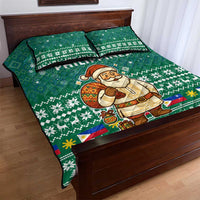 Philippines Christmas Quilt Bed Set with Green Geometric Design, Santa in Barong Tagalog, and National Coat of Arms Motif - Wonder Print Shop