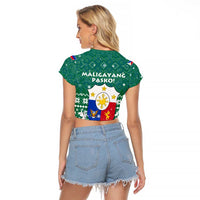 Philippines Christmas Raglan Cropped T Shirt with Green Geometric Design, Santa in Barong Tagalog, and National Coat of Arms Motif - Wonder Print Shop