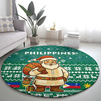 Philippines Christmas Round Carpet with Green Geometric Design, Santa in Barong Tagalog, and National Coat of Arms Motif - Wonder Print Shop