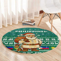 Philippines Christmas Round Carpet with Green Geometric Design, Santa in Barong Tagalog, and National Coat of Arms Motif - Wonder Print Shop