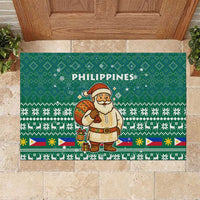 Philippines Christmas Rubber Doormat with Green Geometric Design, Santa in Barong Tagalog, and National Coat of Arms Motif - Wonder Print Shop
