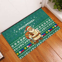 Philippines Christmas Rubber Doormat with Green Geometric Design, Santa in Barong Tagalog, and National Coat of Arms Motif - Wonder Print Shop