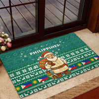 Philippines Christmas Rubber Doormat with Green Geometric Design, Santa in Barong Tagalog, and National Coat of Arms Motif - Wonder Print Shop