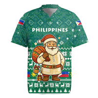 Philippines Christmas Rugby Jersey with Green Geometric Design, Santa in Barong Tagalog, and National Coat of Arms Motif - Wonder Print Shop