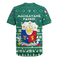 Philippines Christmas Rugby Jersey with Green Geometric Design, Santa in Barong Tagalog, and National Coat of Arms Motif - Wonder Print Shop