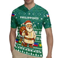 Philippines Christmas Rugby Jersey with Green Geometric Design, Santa in Barong Tagalog, and National Coat of Arms Motif - Wonder Print Shop