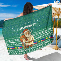 Philippines Christmas Sarong with Green Geometric Design, Santa in Barong Tagalog, and National Coat of Arms Motif - Wonder Print Shop