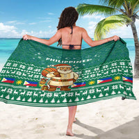 Philippines Christmas Sarong with Green Geometric Design, Santa in Barong Tagalog, and National Coat of Arms Motif - Wonder Print Shop