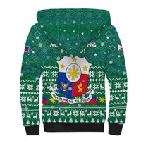 Philippines Christmas Sherpa Hoodie with Green Geometric Design, Santa in Barong Tagalog, and National Coat of Arms Motif - Wonder Print Shop