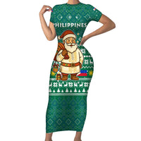 Philippines Christmas Short Sleeve Bodycon Dress with Green Geometric Design, Santa in Barong Tagalog, and National Coat of Arms Motif - Wonder Print Shop