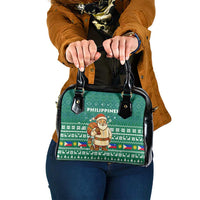 Philippines Christmas Shoulder Handbag with Green Geometric Design, Santa in Barong Tagalog, and National Coat of Arms Motif - Wonder Print Shop