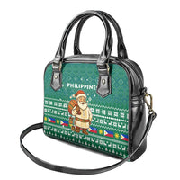 Philippines Christmas Shoulder Handbag with Green Geometric Design, Santa in Barong Tagalog, and National Coat of Arms Motif - Wonder Print Shop