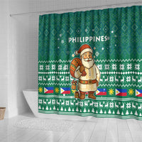 Philippines Christmas Shower Curtain with Green Geometric Design, Santa in Barong Tagalog, and National Coat of Arms Motif - Wonder Print Shop