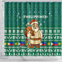 Philippines Christmas Shower Curtain with Green Geometric Design, Santa in Barong Tagalog, and National Coat of Arms Motif - Wonder Print Shop