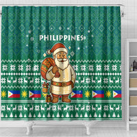 Philippines Christmas Shower Curtain with Green Geometric Design, Santa in Barong Tagalog, and National Coat of Arms Motif - Wonder Print Shop