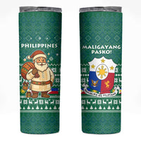 Philippines Christmas Skinny Tumbler with Green Geometric Design, Santa in Barong Tagalog, and National Coat of Arms Motif - Wonder Print Shop