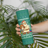 Philippines Christmas Skinny Tumbler with Green Geometric Design, Santa in Barong Tagalog, and National Coat of Arms Motif - Wonder Print Shop