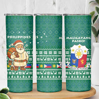 Philippines Christmas Skinny Tumbler with Green Geometric Design, Santa in Barong Tagalog, and National Coat of Arms Motif - Wonder Print Shop
